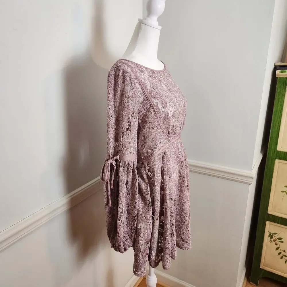 Free People Dress XS Womens Mini Crochet Lace Sheer Mauve Purple Boho Coquette